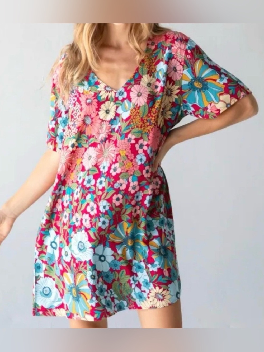 NATURAL LIFE Floral V‑Neck Mini Dress in Pink, Turquoise, Yellow